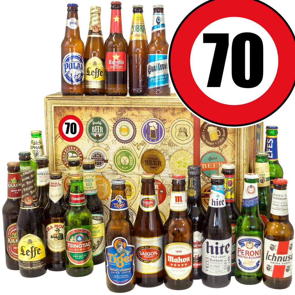 Zahl 70 | 24 Flaschen Bier Weltreise | Geschenk Set