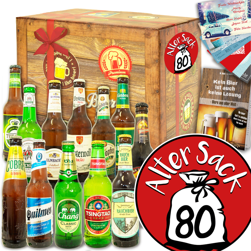 Alter Sack 80 | 12x Bier International und DE | Geschenk Box