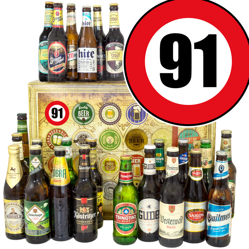 Zahl 91 | 24 Flaschen Biere Welt und Deutschland | Geschenk Box