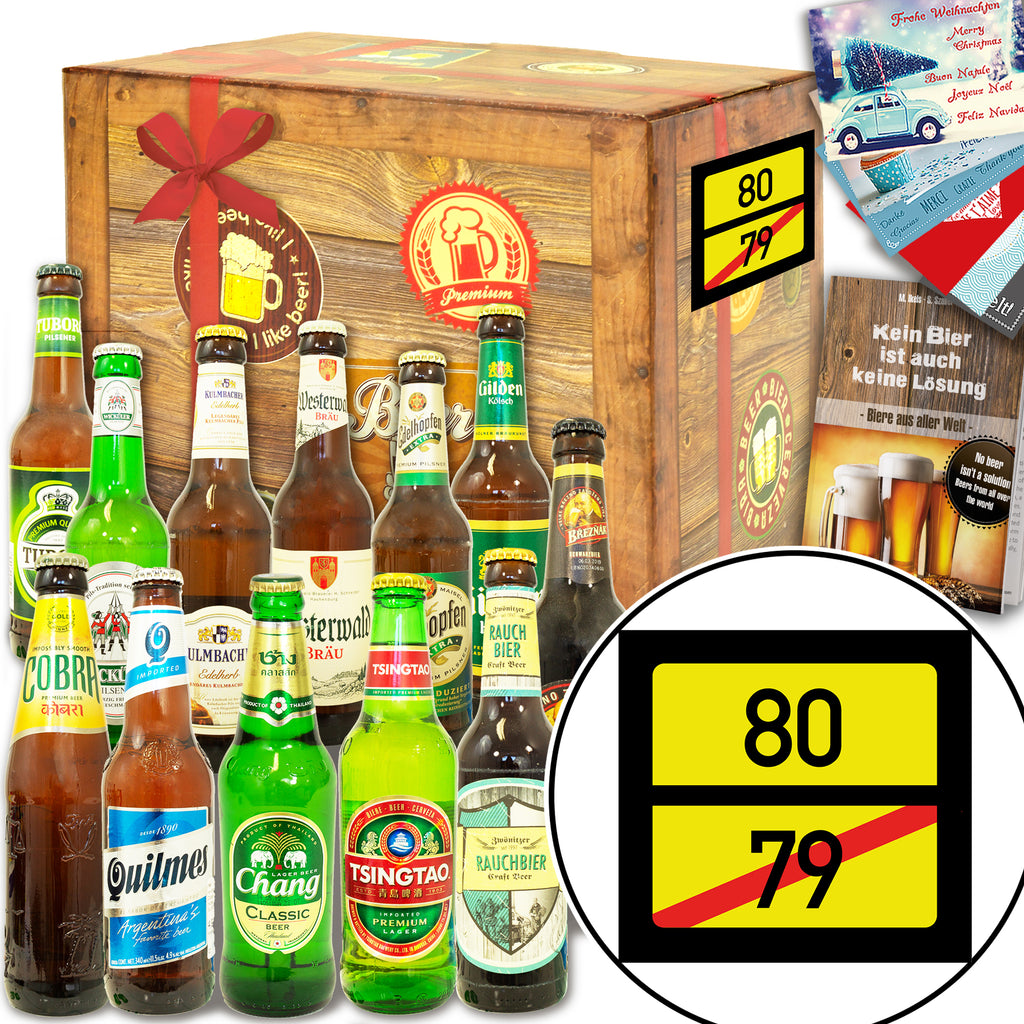 Ortsschild 80 | 12 Flaschen Biere Welt und Deutschland | Geschenk Set