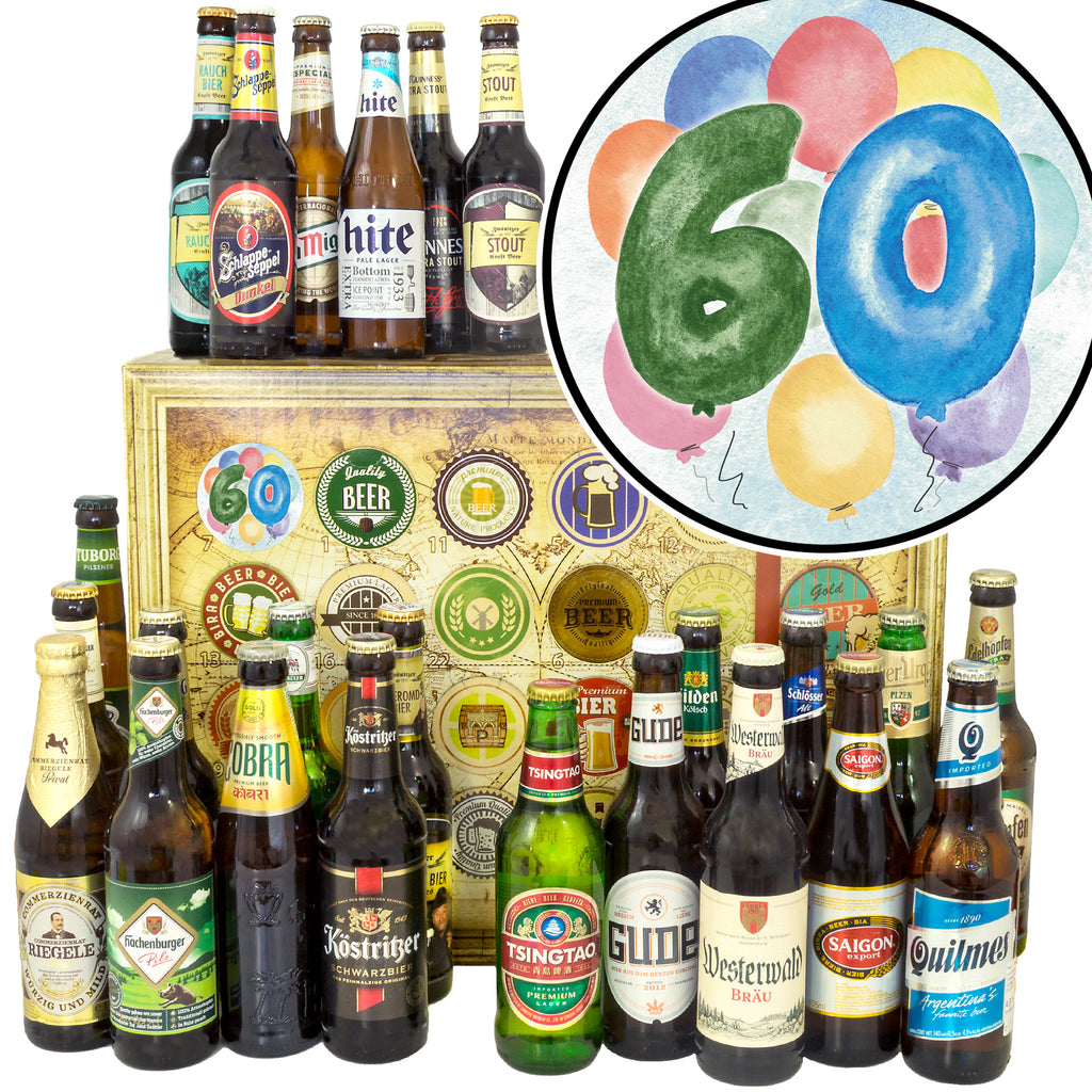 60. Geburtstag | 24 Flaschen Bier aus Welt und Deutschland | Bierset