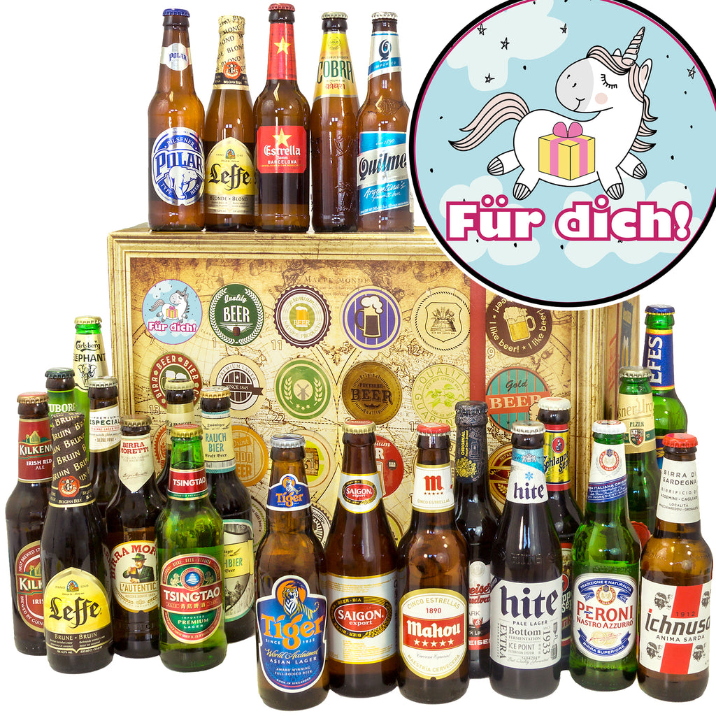 Für Dich (mit Einhorn) | 24 Flaschen Biere der Welt | Geschenk Set
