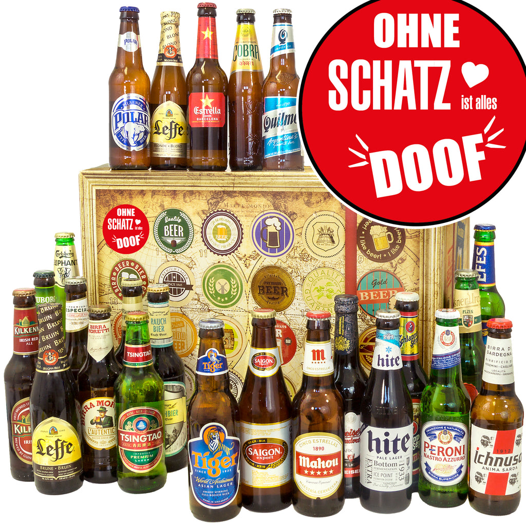 Ohne Schatz ist alles doof | 24 Flaschen Bier aus aller Welt | Geschenkbox