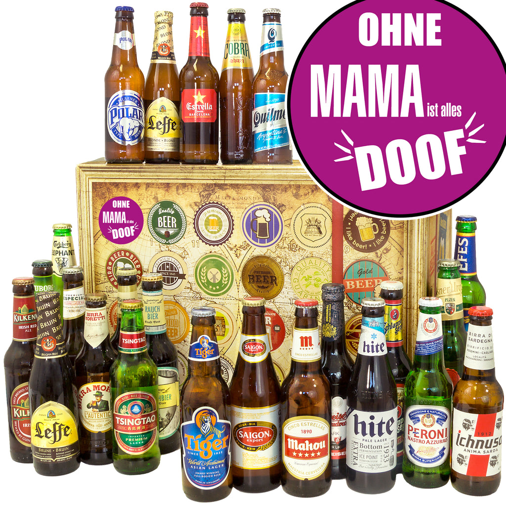 Ohne Mama ist alles doof | 24 Biersorten Bierweltreise | Geschenkkorb