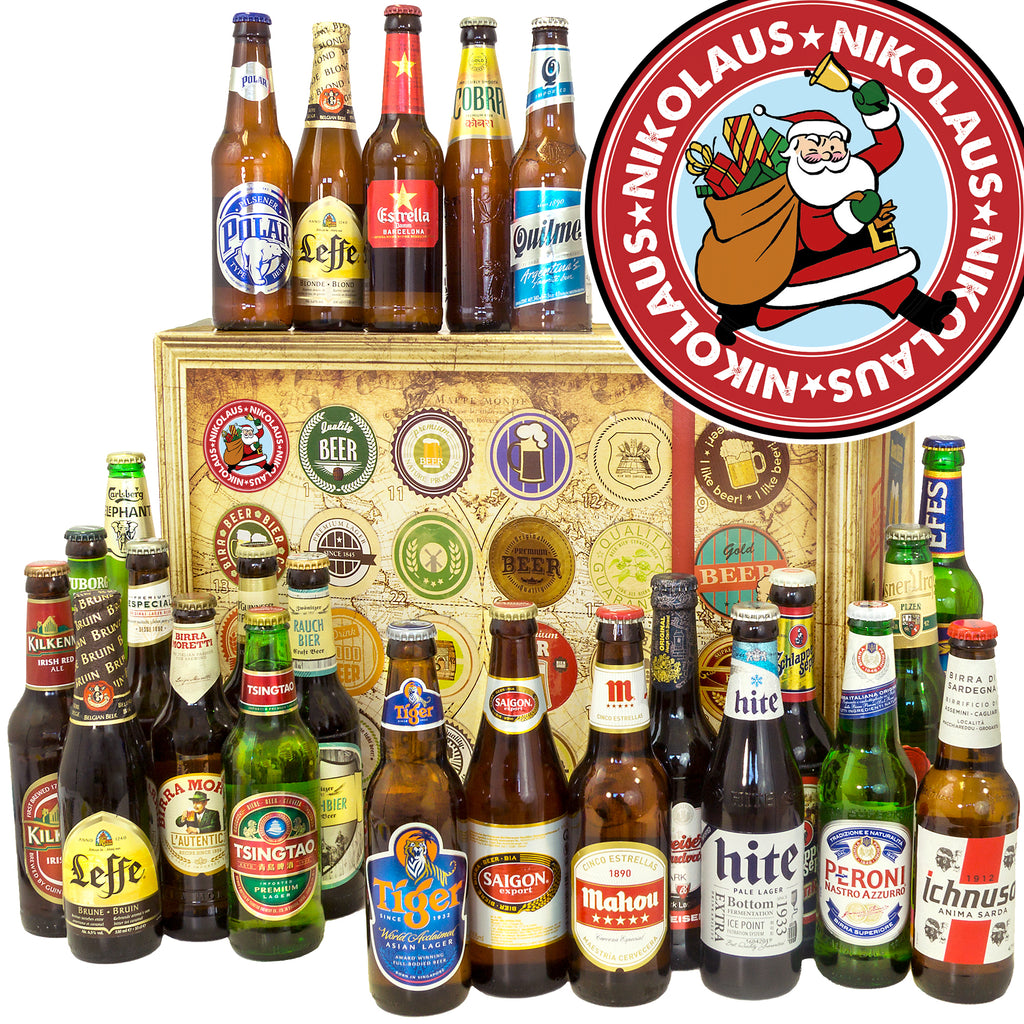 Nikolaus | 24 Spezialitäten Biere aus aller Welt | Geschenk Box