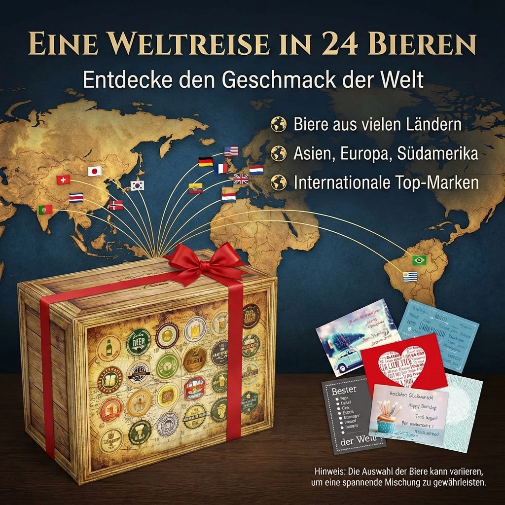 Bier Geschenkbox | 24 Spezialitäten Biere der Welt Exoten Bierverkostung - monatsgeschenke.de