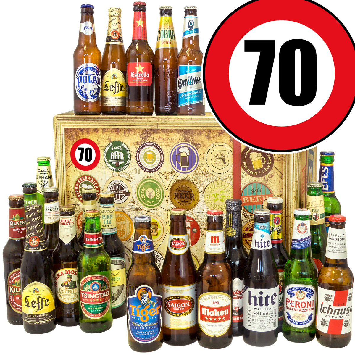 Zahl 70 | 24 Flaschen Bier Weltreise | Geschenk Set