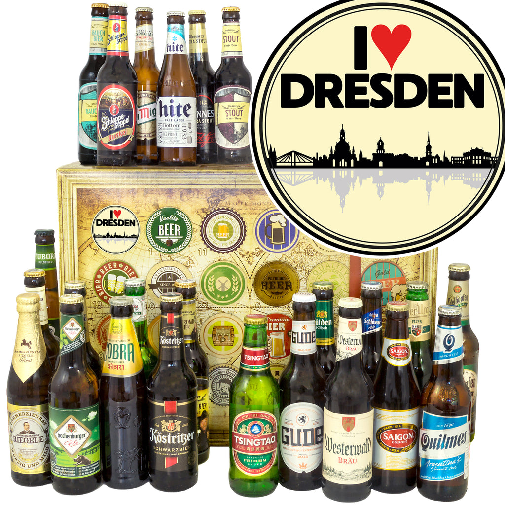 I love Dresden | 24 Flaschen Bier aus Welt und Deutschland | Geschenk Set