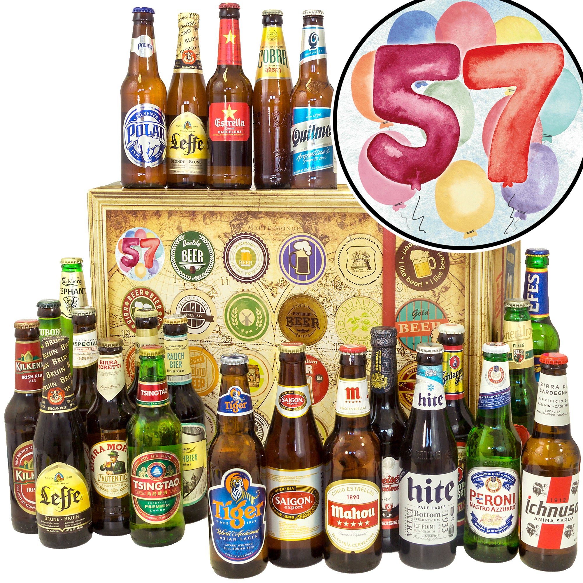 Geburtstag 57 | 24 Biersorten Biere aus aller Welt | Geschenkkorb - monatsgeschenke.de
