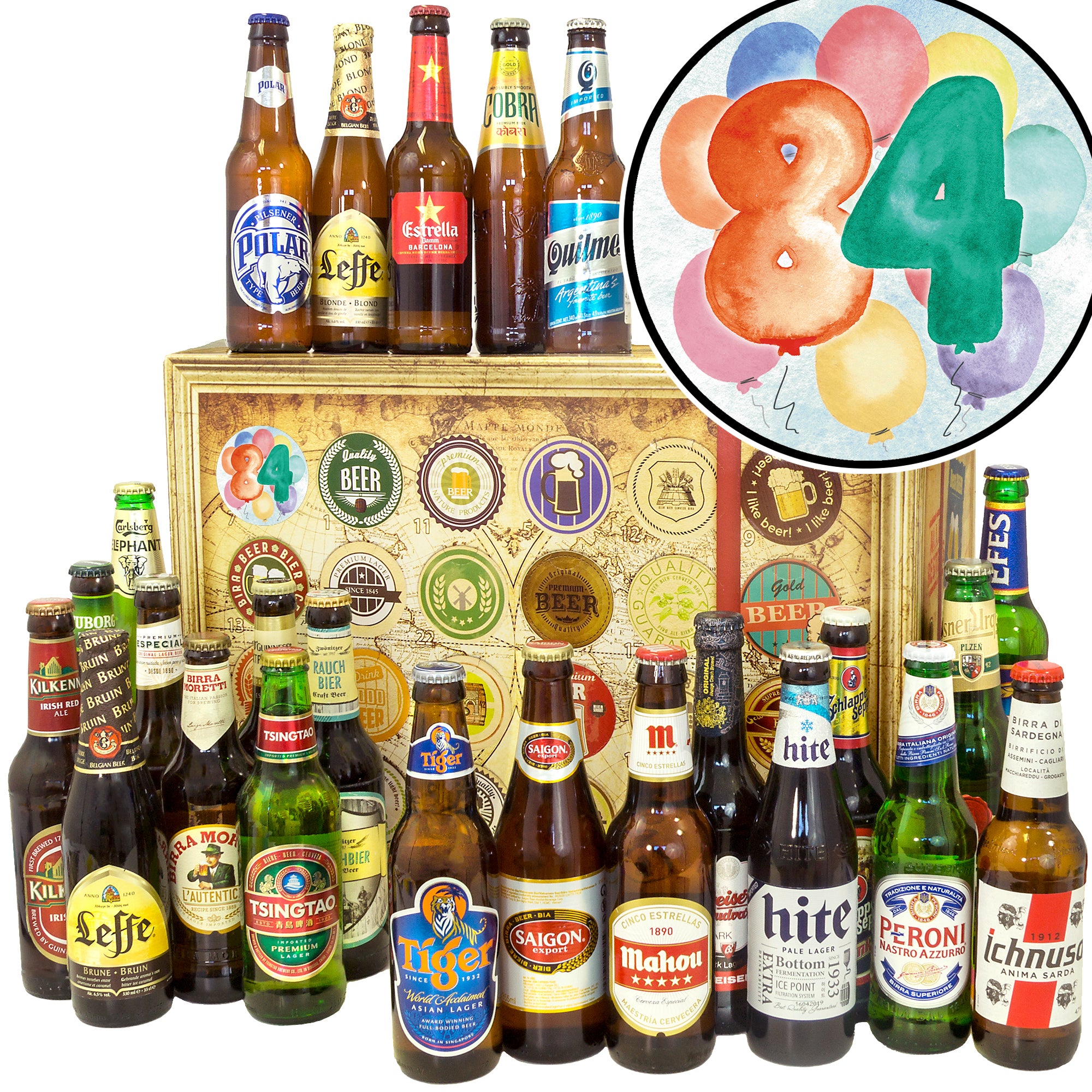 Geburtstag 84 | 24 Flaschen Biere der Welt | Biergeschenk - monatsgeschenke.de