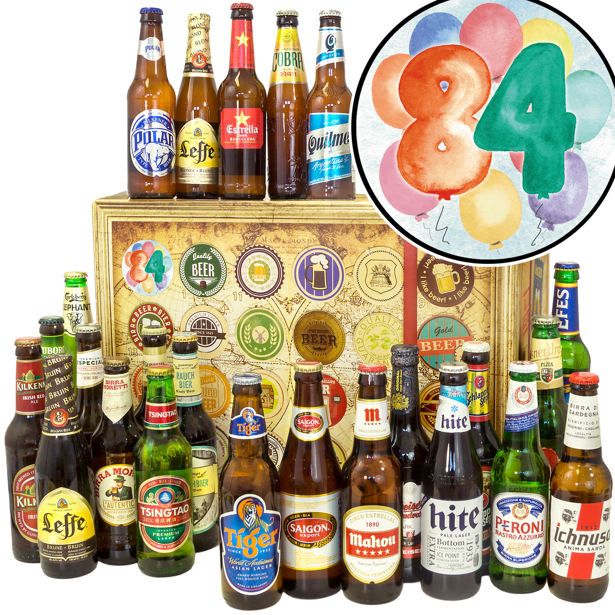 Geburtstag 84 | 24 Flaschen Biere der Welt | Biergeschenk - monatsgeschenke.de