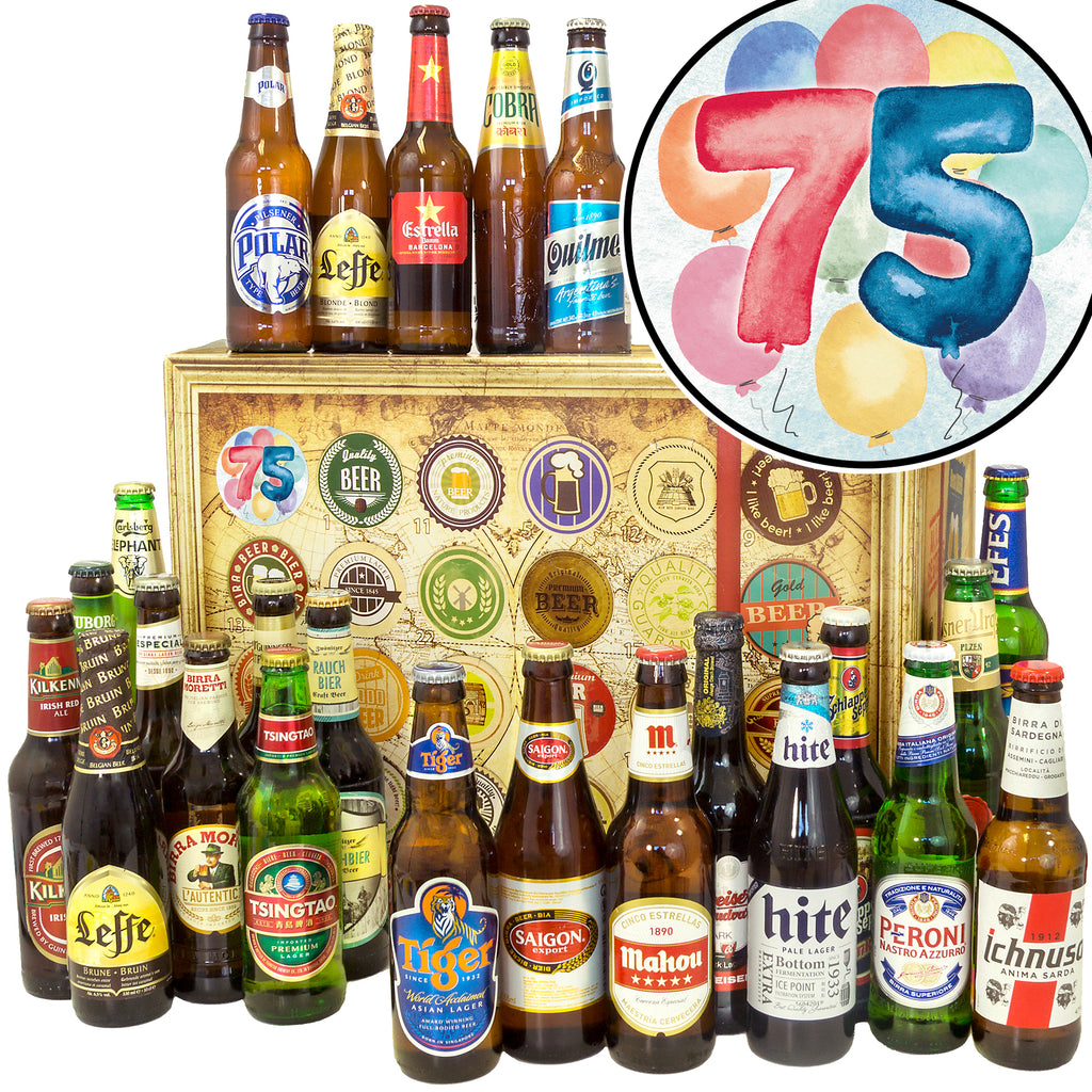 Geburtstag 75 | 24x Bier aus aller Welt | Geschenkkorb