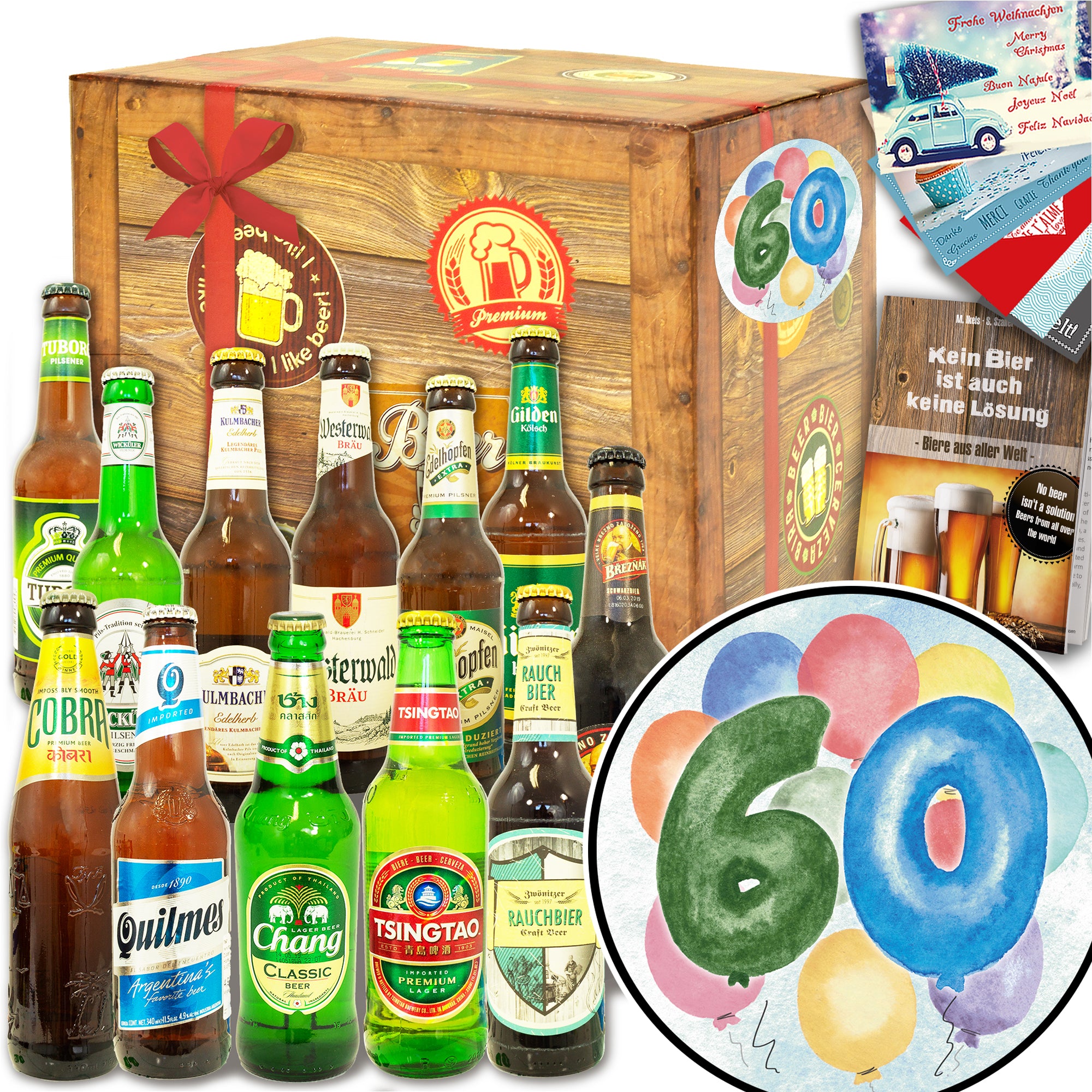 60. Geburtstag | 12 Flaschen Bier International und DE | Geschenk Box
