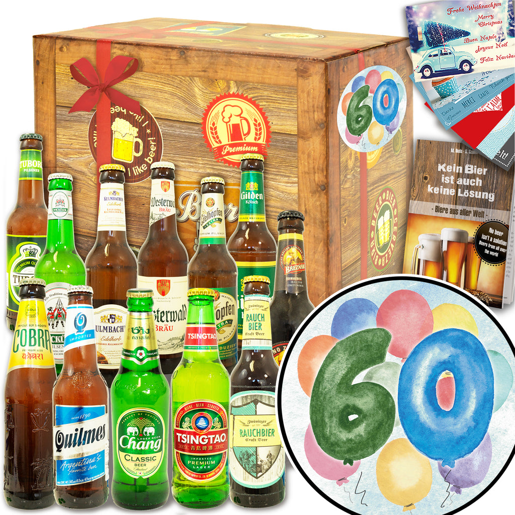 60. Geburtstag | 12 Flaschen Bier International und DE | Geschenk Box