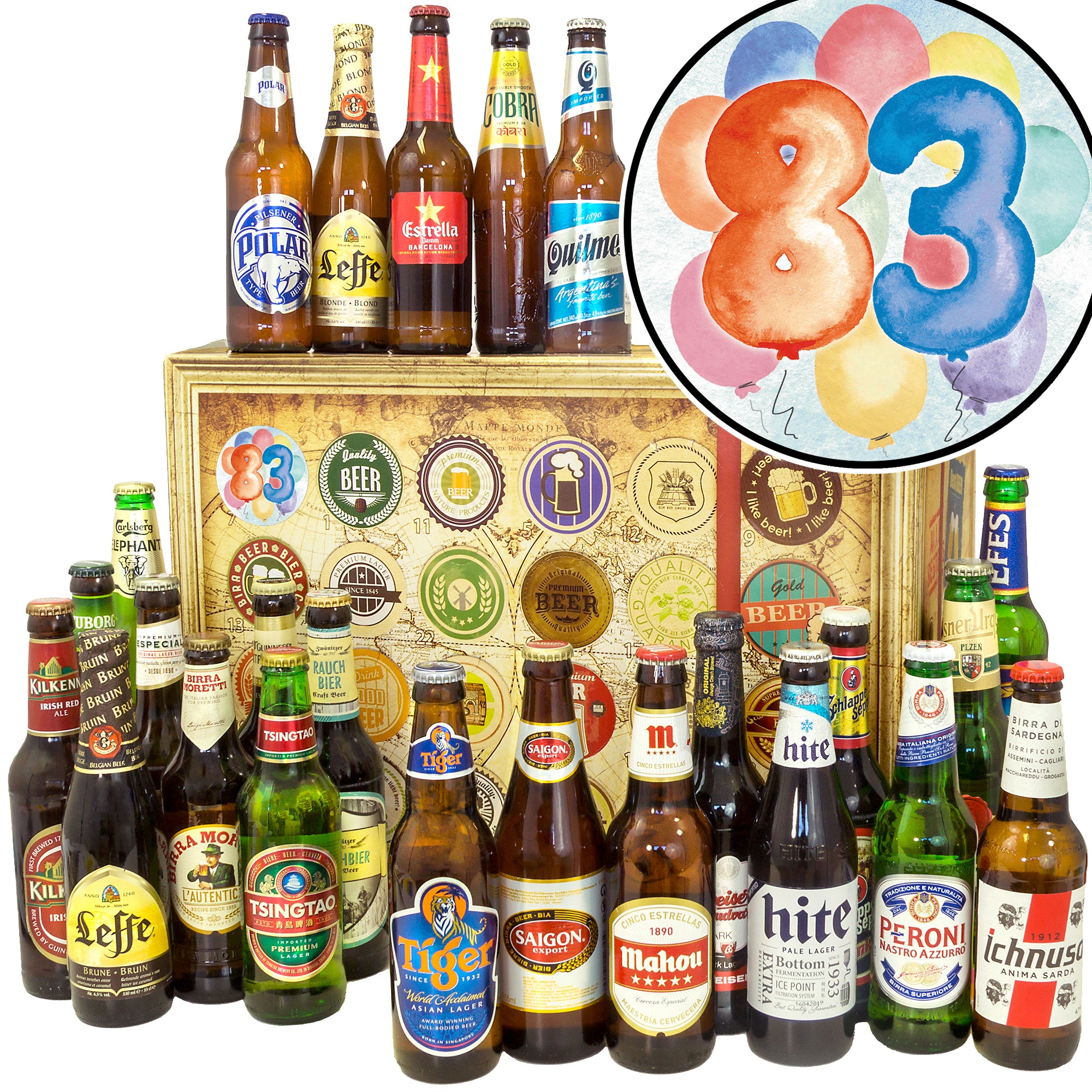 Geburtstag 83 | 24 Biersorten Bier Weltreise | Biertasting - monatsgeschenke.de