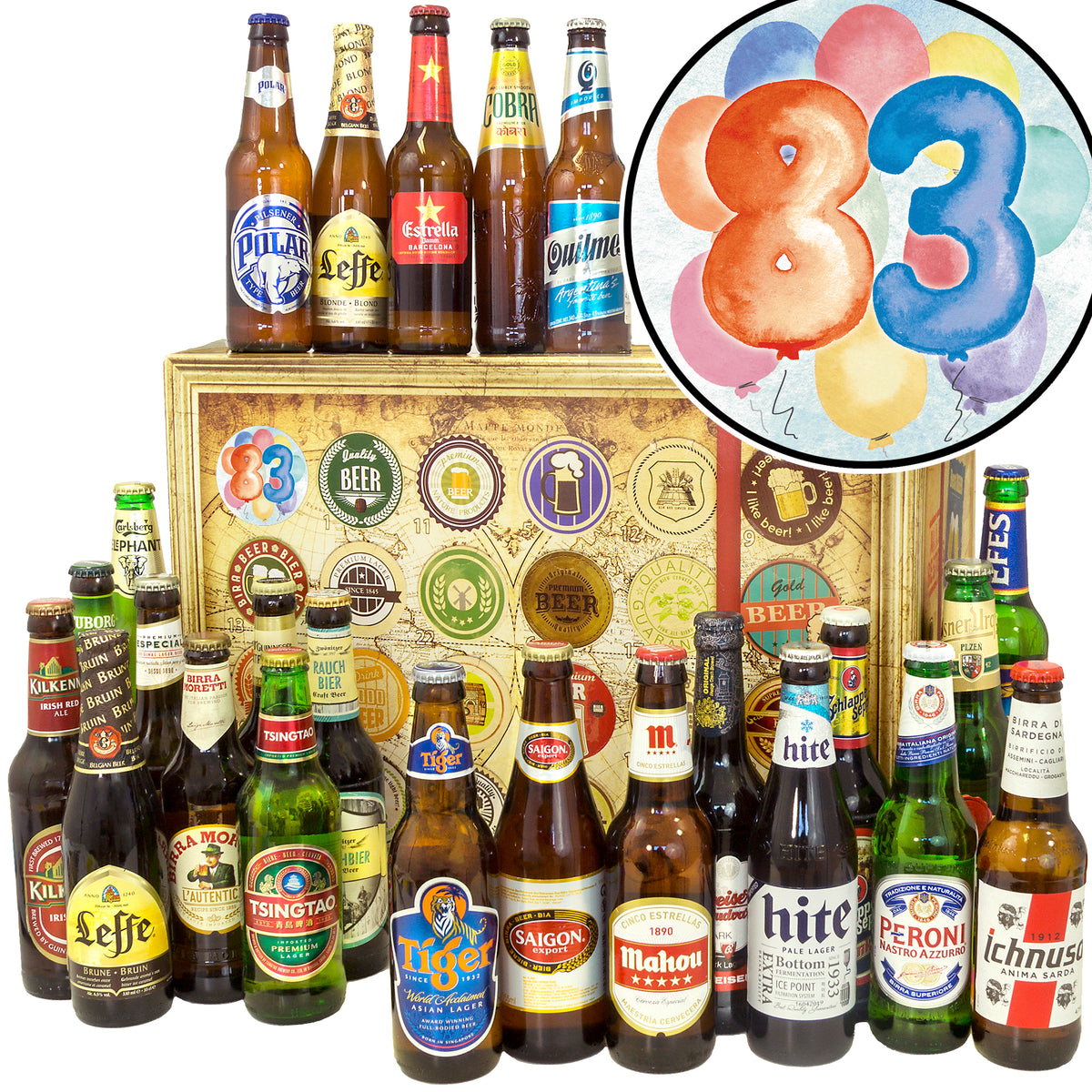 Geburtstag 83 | 24 Biersorten Bier Weltreise | Biertasting - monatsgeschenke.de