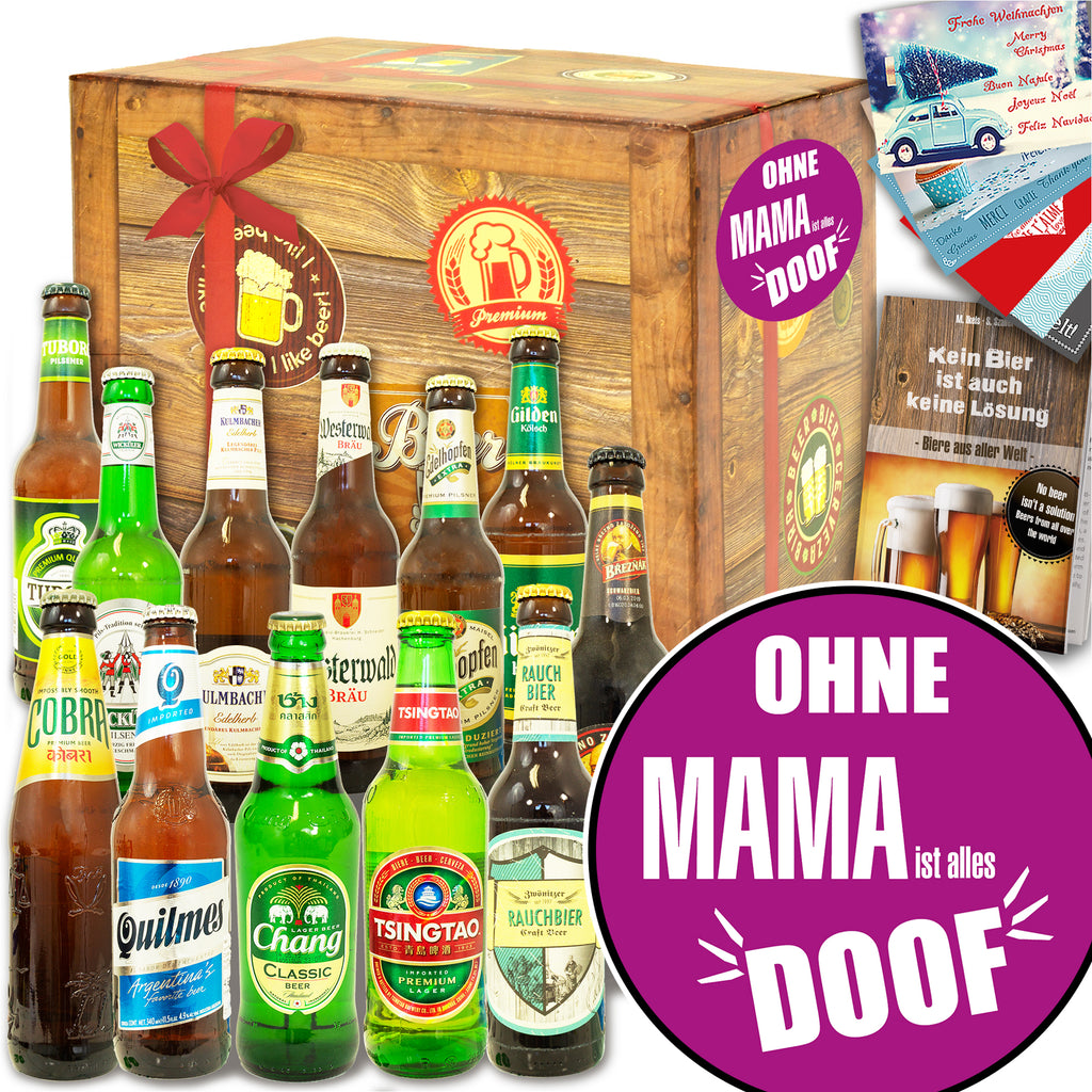 Ohne Mama ist alles doof | 12 Biersorten Bier International und DE | Geschenkbox