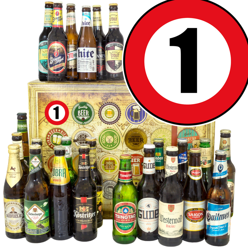 Zahl 1 | 24 Biersorten Bier aus Welt und Deutschland | Geschenkkorb