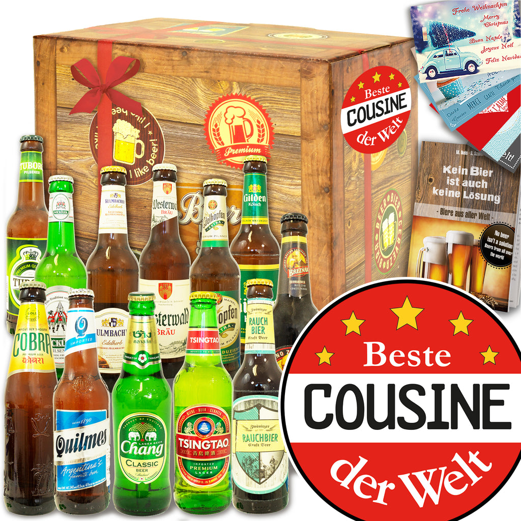 Beste Cousine | 12 Flaschen Biere Welt und Deutschland | Geschenk Set