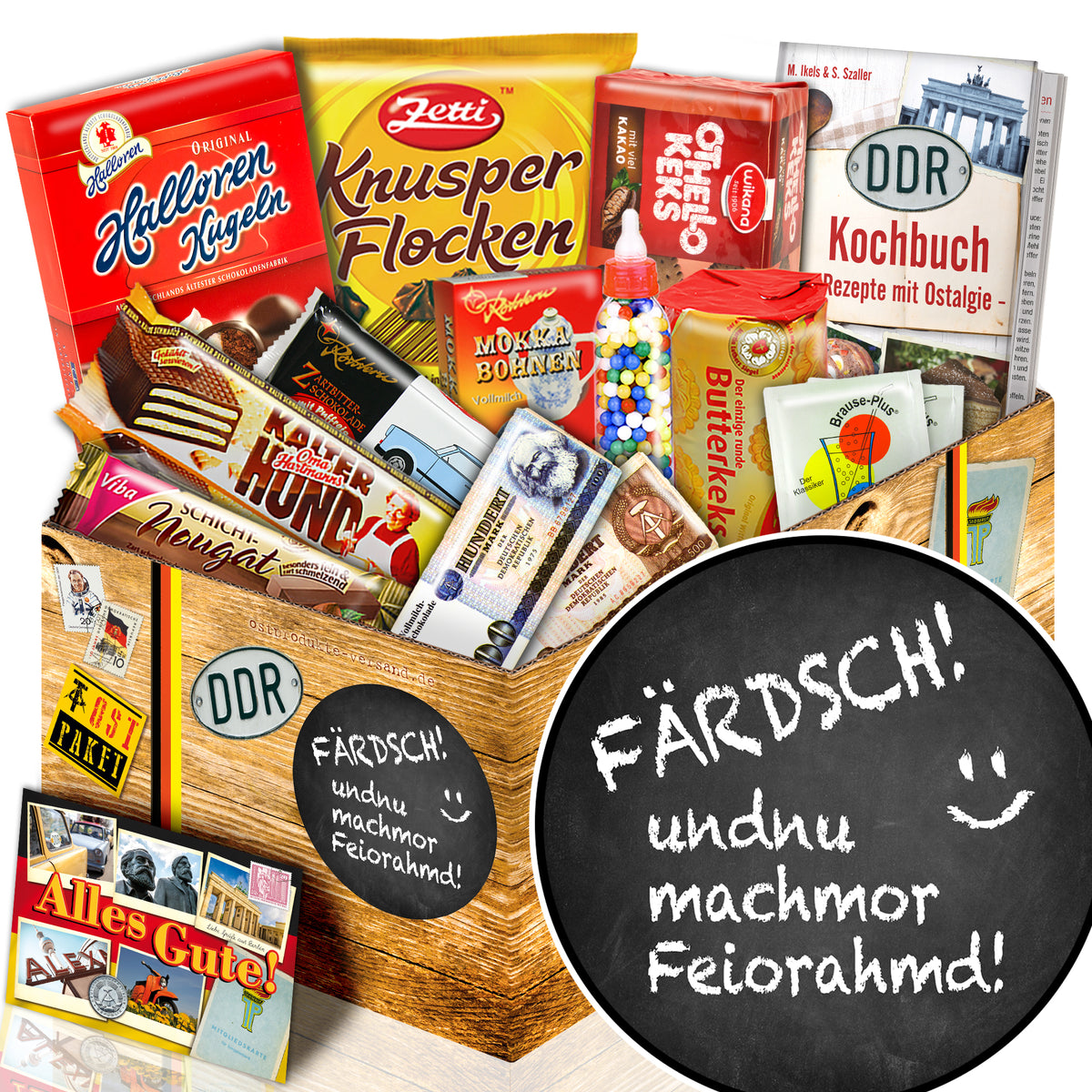 Färdsch! Und nu machmor Feiorahmd - Süßigkeiten Set DDR L - monatsgeschenke.de