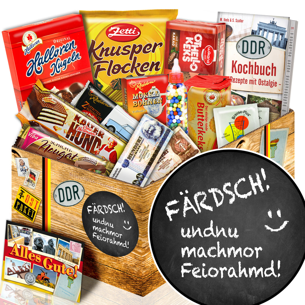 Färdsch! Und nu machmor Feiorahmd - Süßigkeiten Set DDR L - monatsgeschenke.de