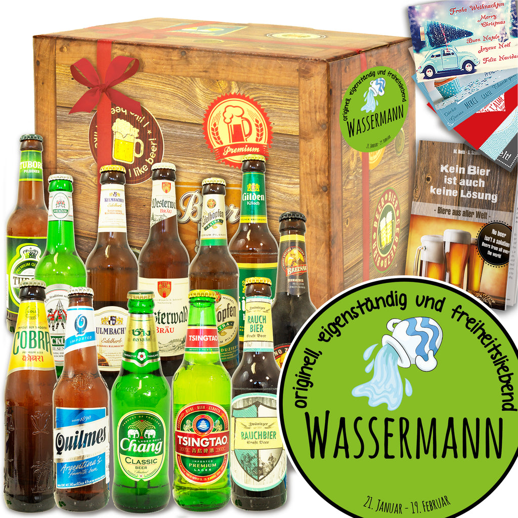 Sternzeichen Wassermann | 12 Flaschen Bier Deutschland und Welt | Geschenkbox