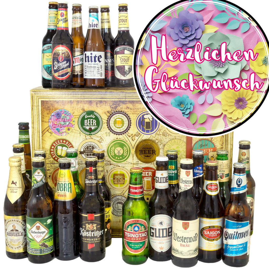 Herzlichen Glückwunsch Blumen | 24 Spezialitäten Bier aus Welt und Deutschland | Bierbox