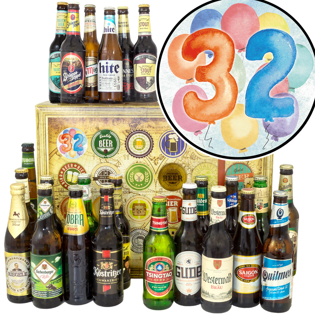 Geburtstag 32 | 24x Bier Bier aus Welt und Deutschland | Geschenkpaket