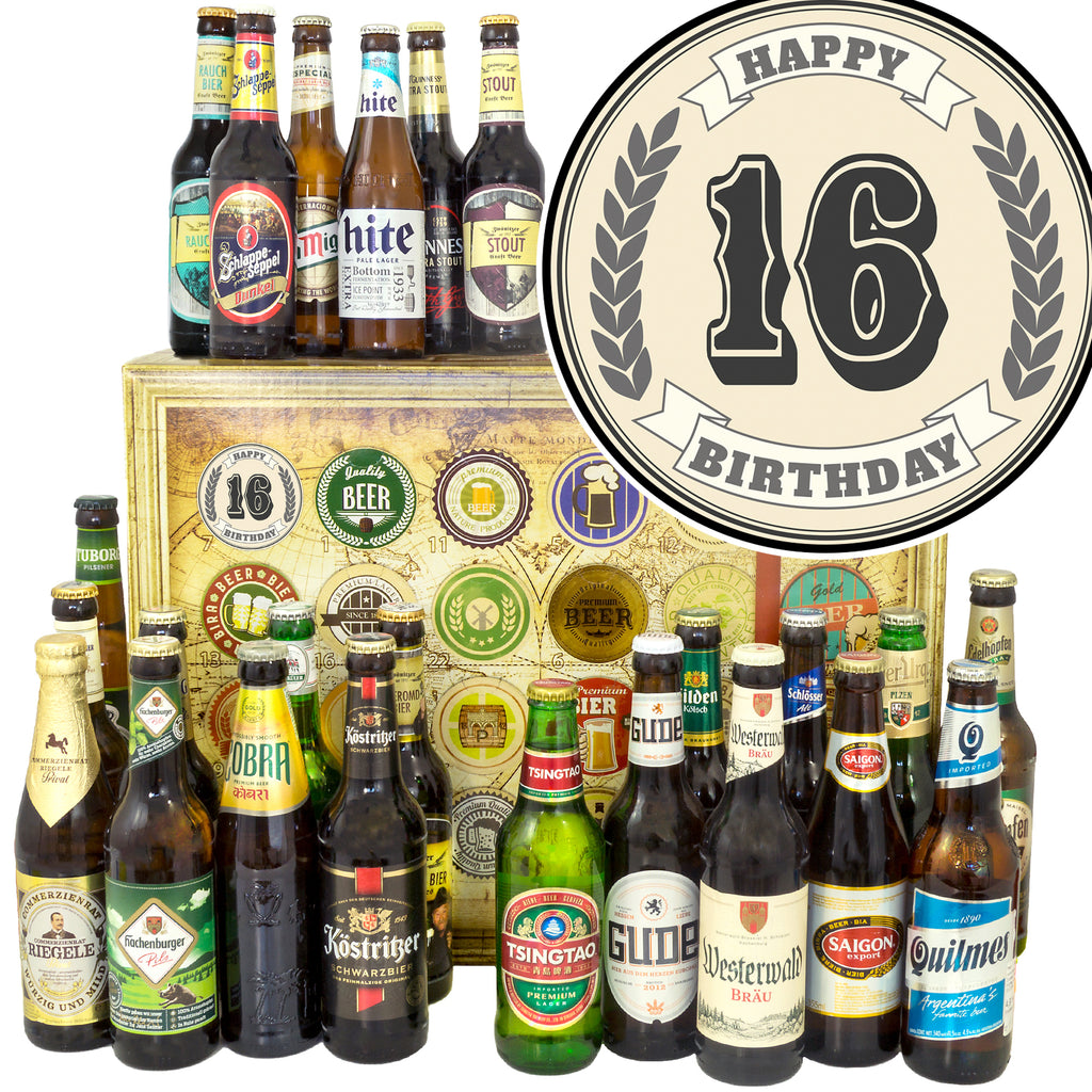 Geburtstag 16 | 24 Biersorten Bier International und Deutschland | Geschenk Box