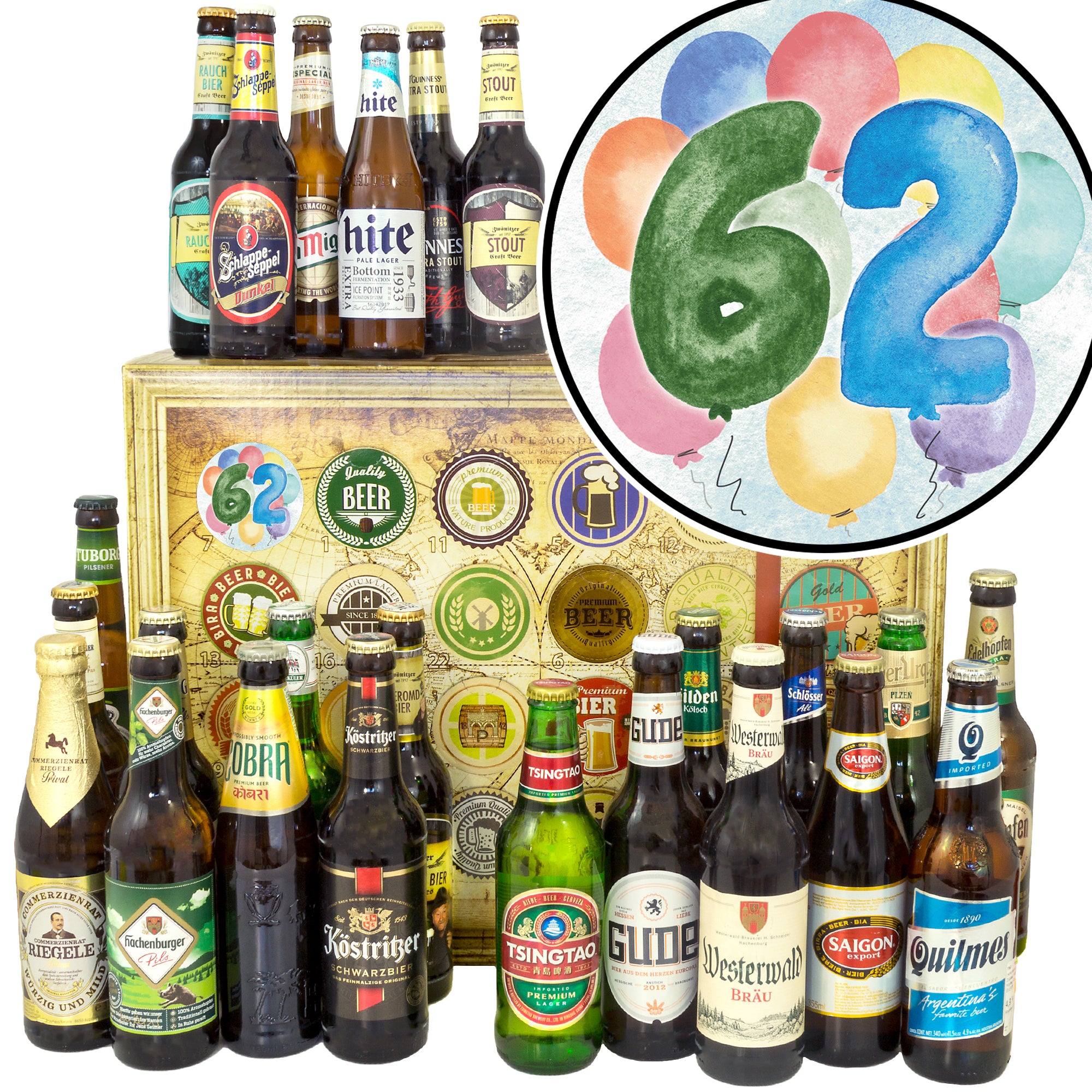 Geburtstag 62 | 24 Flaschen Bier aus Welt und Deutschland | Geschenk Box