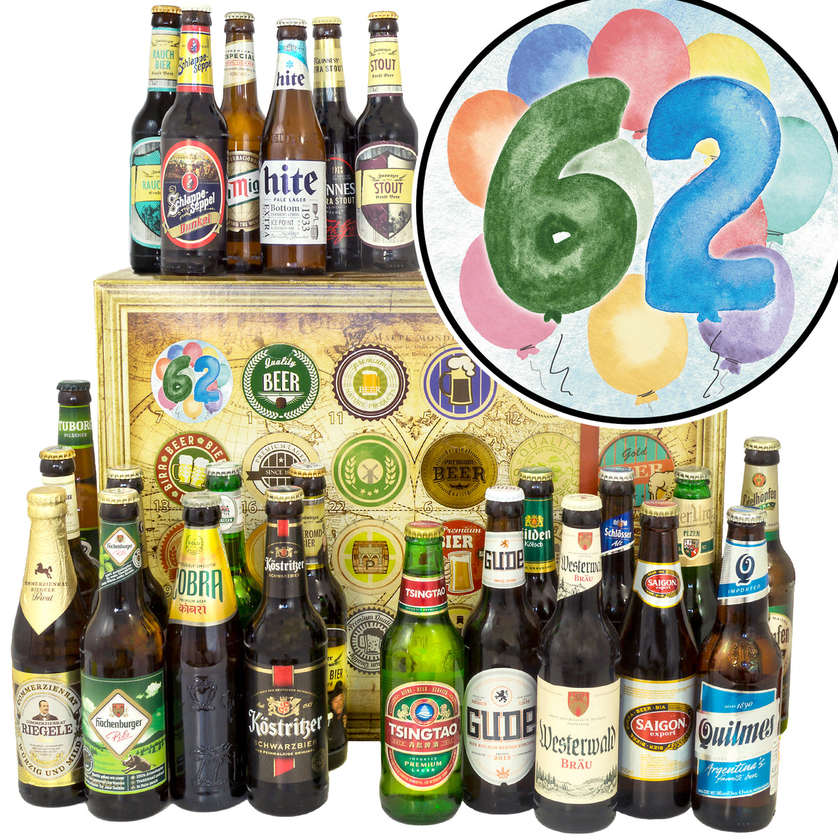 Geburtstag 62 | 24 Flaschen Bier aus Welt und Deutschland | Geschenk Box