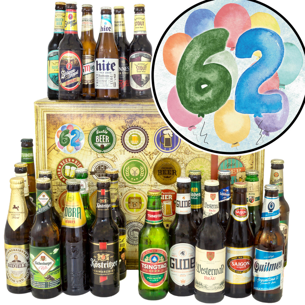 Geburtstag 62 | 24 Flaschen Bier aus Welt und Deutschland | Geschenk Box