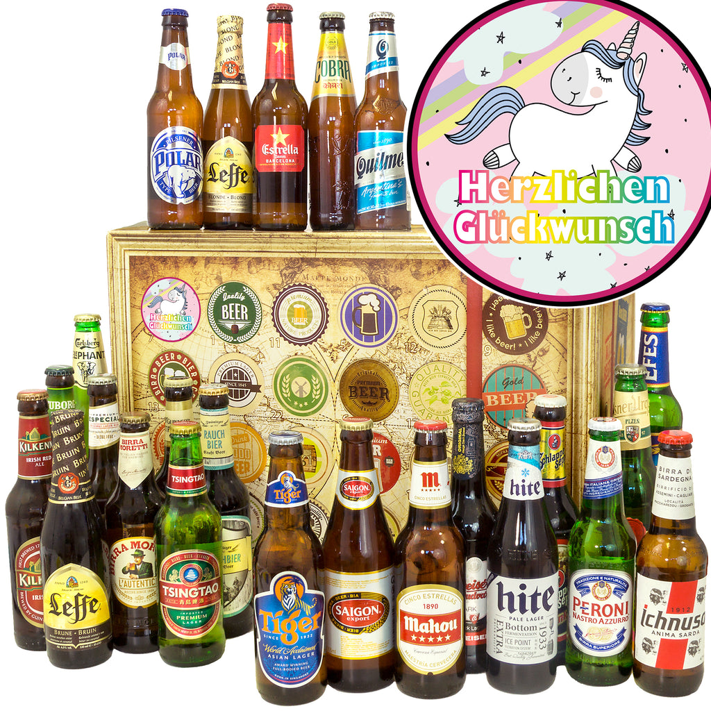 Herzlichen Glückwunsch Einhorn | 24 Biersorten Bier International | Geschenkidee