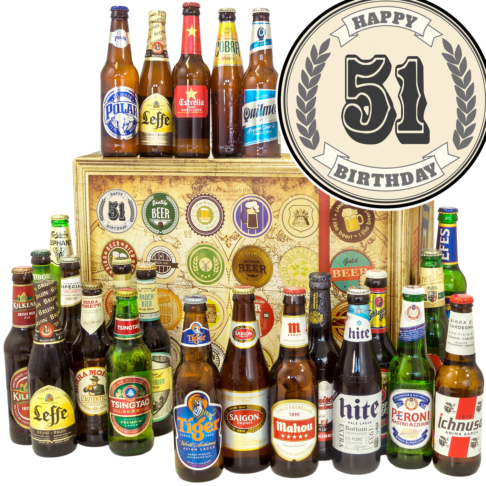 Geburtstag 51 | 24 Biersorten Biere der Welt Exoten | Geschenk Set - monatsgeschenke.de