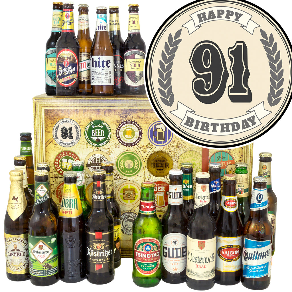 Geburtstag 91 | 24 Flaschen Bier Deutschland und Welt | Geschenkkorb