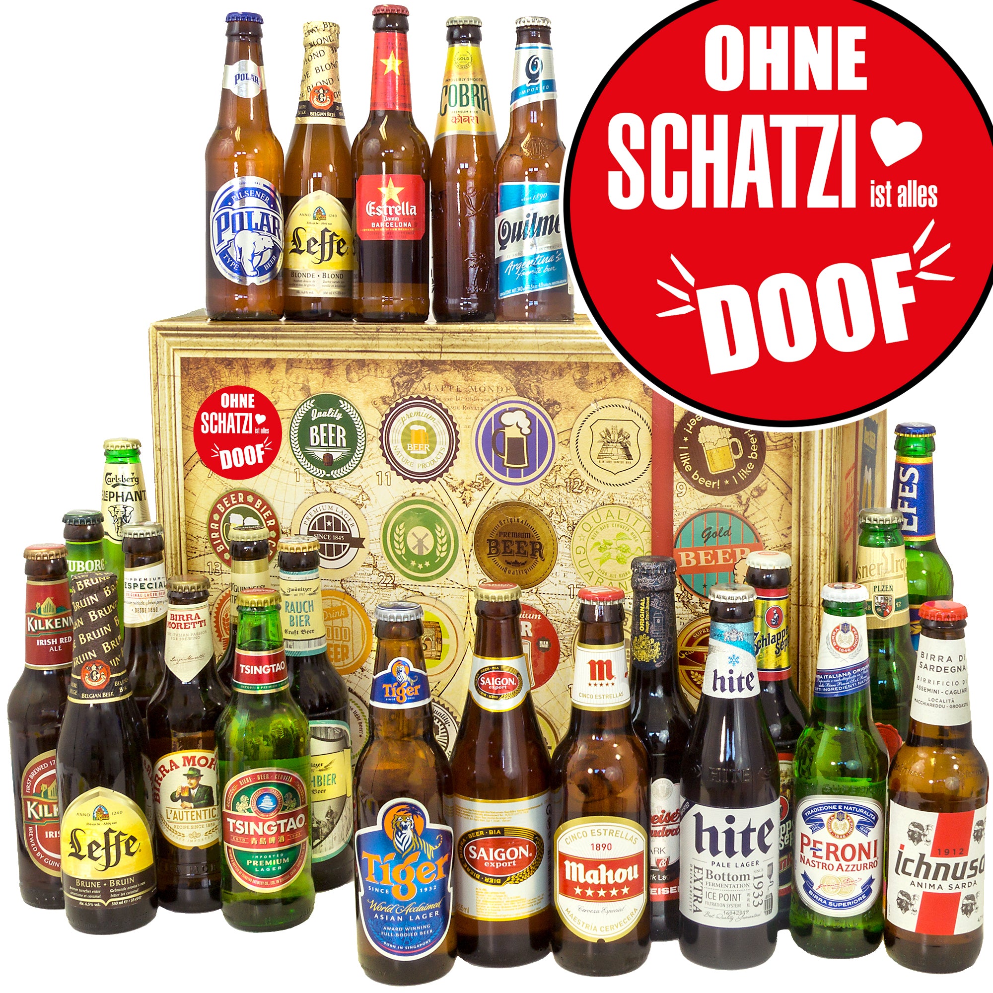 Ohne Schatzi ist alles doof | 24x Bier Weltreise | Bierbox - monatsgeschenke.de