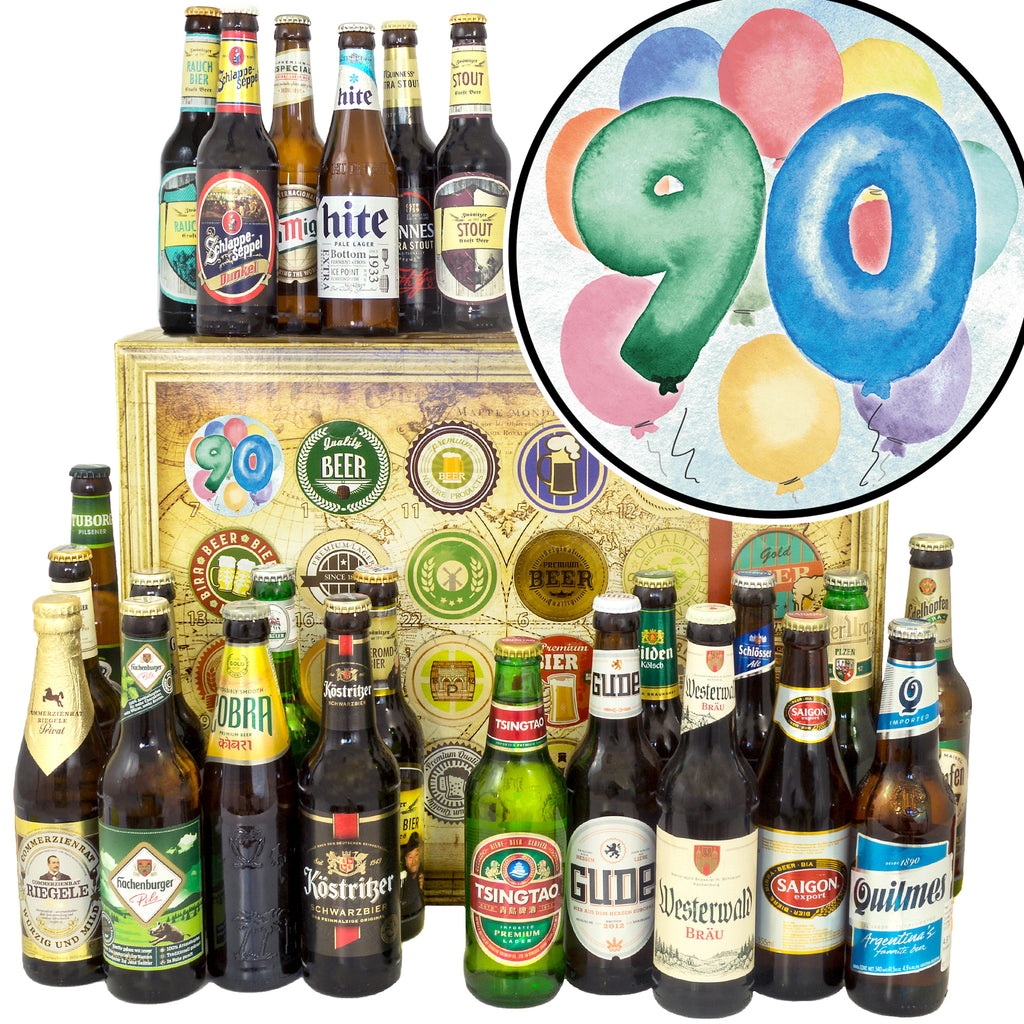 Geburtstag 90 | 24x Bier Bier aus Welt und Deutschland | Paket