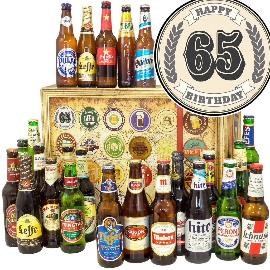 Geburtstag 65 | 24 Spezialitäten Biere der Welt | Geschenkbox