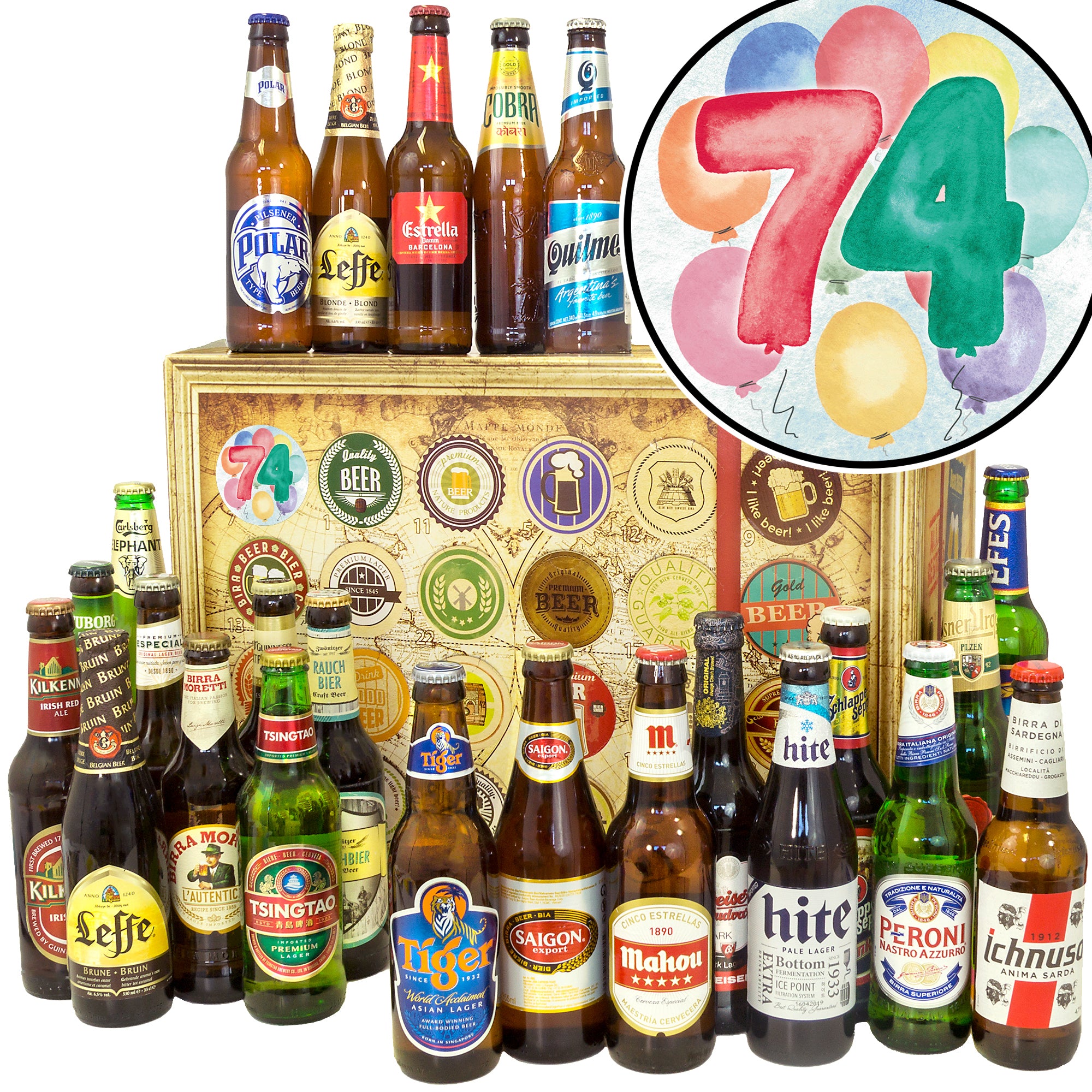 Geburtstag 74 | 24 Flaschen Bierweltreise | Geschenkset - monatsgeschenke.de