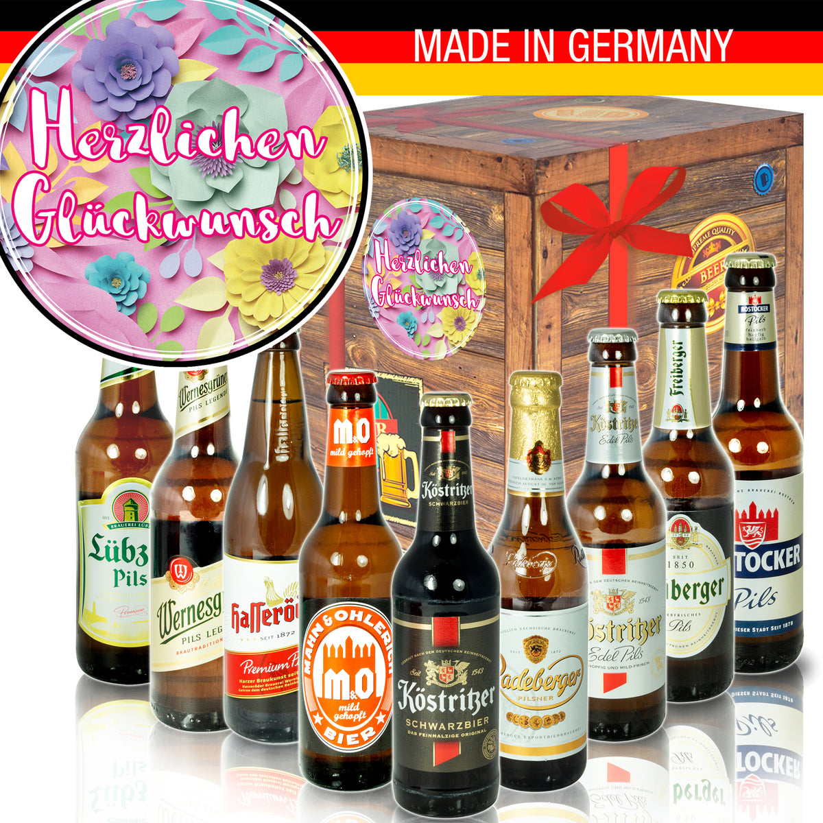 Herzlichen Glückwunsch Blumen | 9x Biere Ostdeutsch | Geschenkset