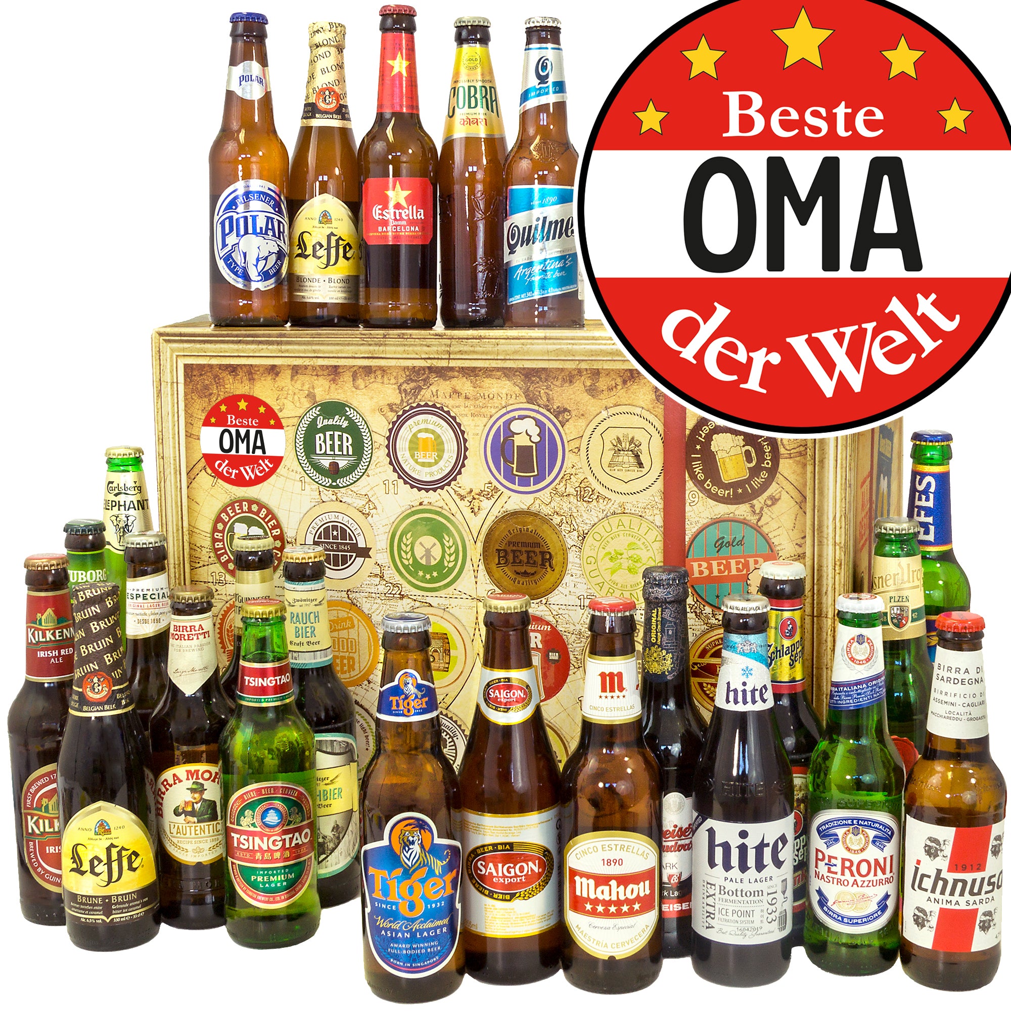 Beste Oma | 24 Flaschen Bier International | Biergeschenk - monatsgeschenke.de