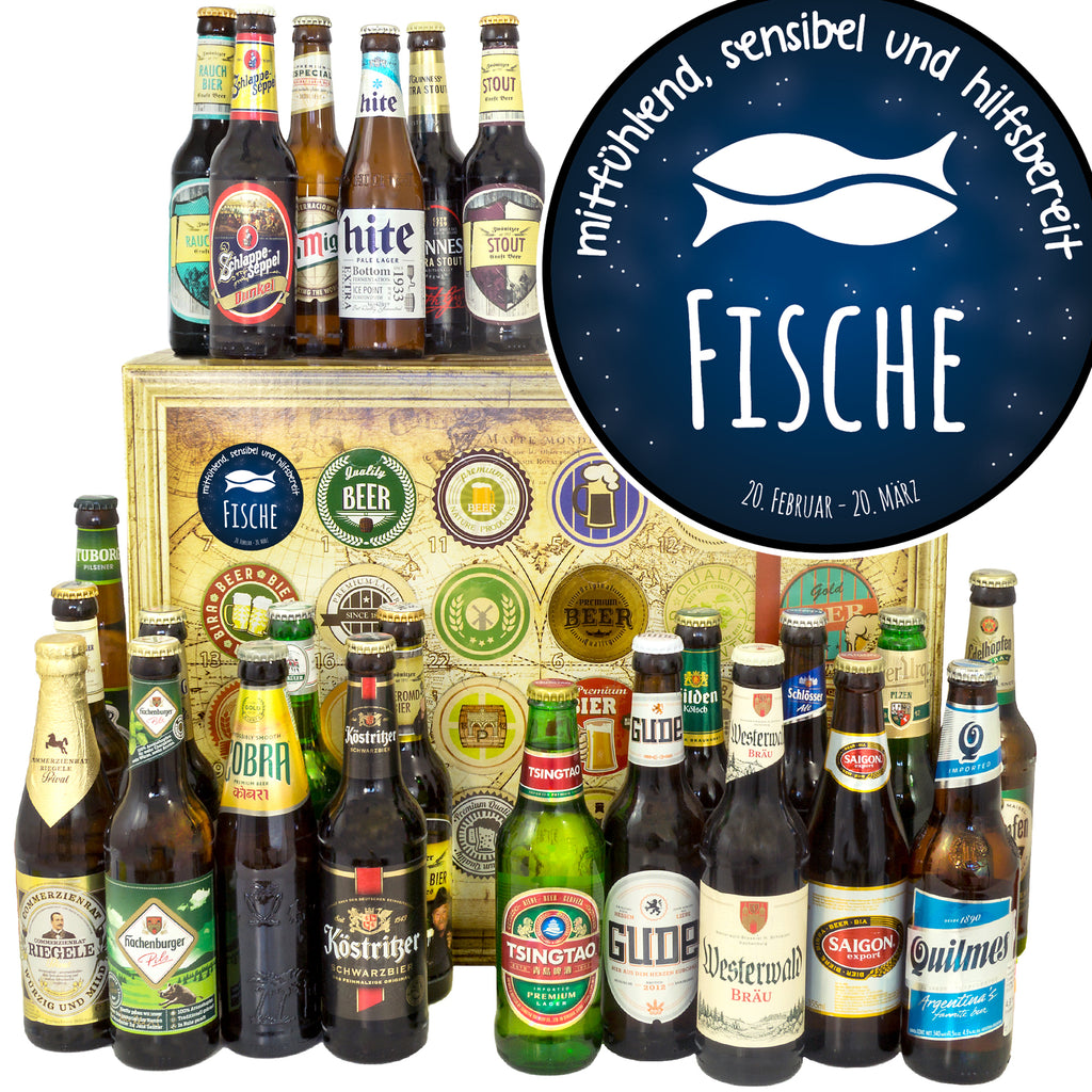 Sternzeichen Fische | 24 Flaschen Bier International und Deutschland | Biergeschenk