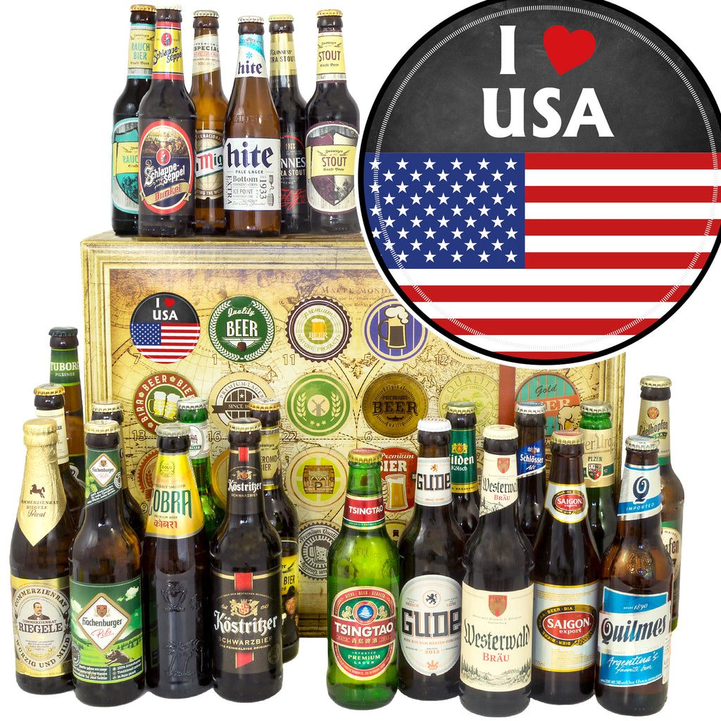 I love USA | 24 Biersorten Bier aus Welt und Deutschland | Geschenkkorb