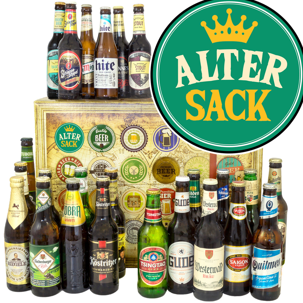 Alter Sack | 24 Flaschen Bier International und Deutschland | Geschenkbox