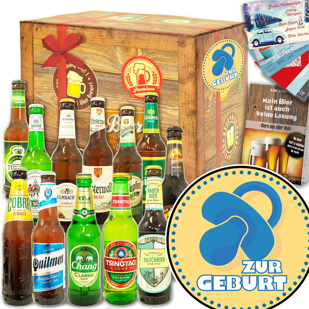 Zur Geburt Junge | 12 Flaschen Bier International und DE | Geschenk Box