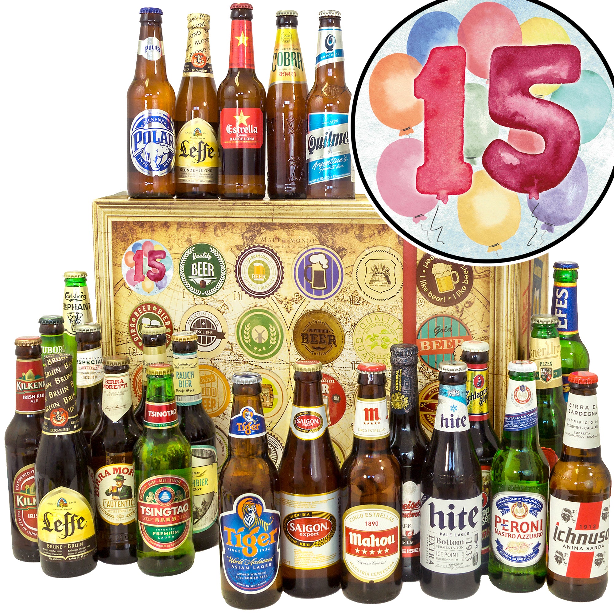 Jubiläum 15 | 24 Flaschen Bier aus aller Welt | Geschenkidee - monatsgeschenke.de
