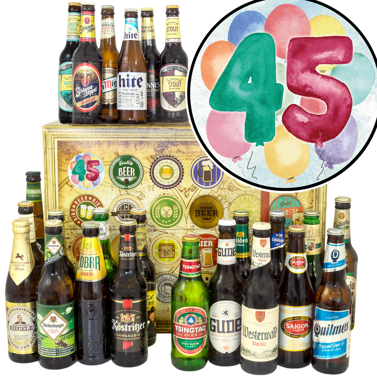 Geburtstag 45 | 24 Flaschen Bier aus Welt und Deutschland | Bierpaket