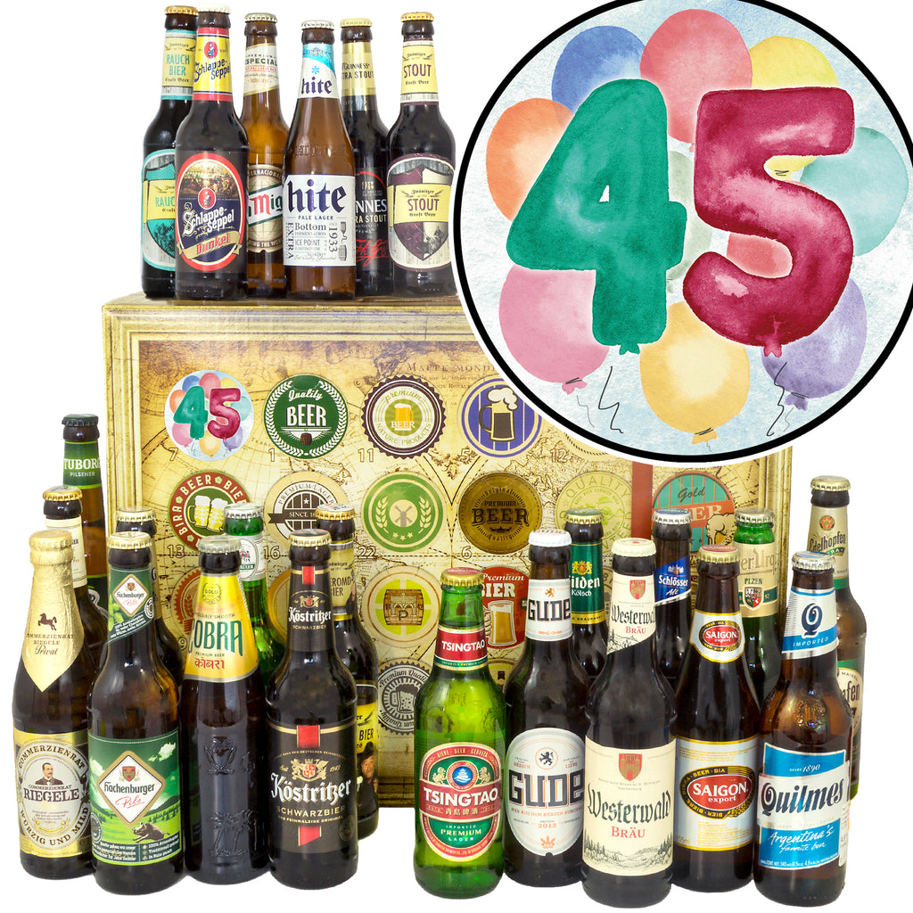 Geburtstag 45 | 24 Flaschen Bier aus Welt und Deutschland | Bierpaket