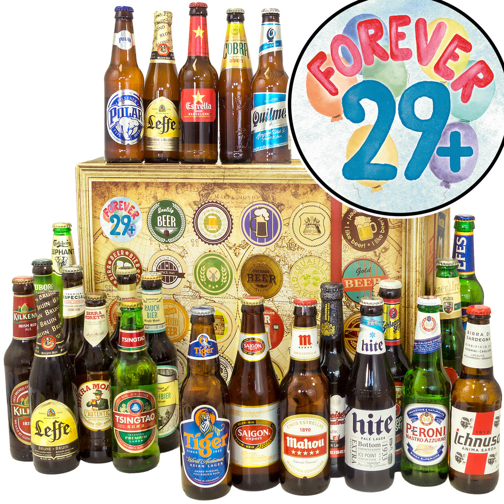 Forever 29 + | 24x Bier International | Geschenkbox