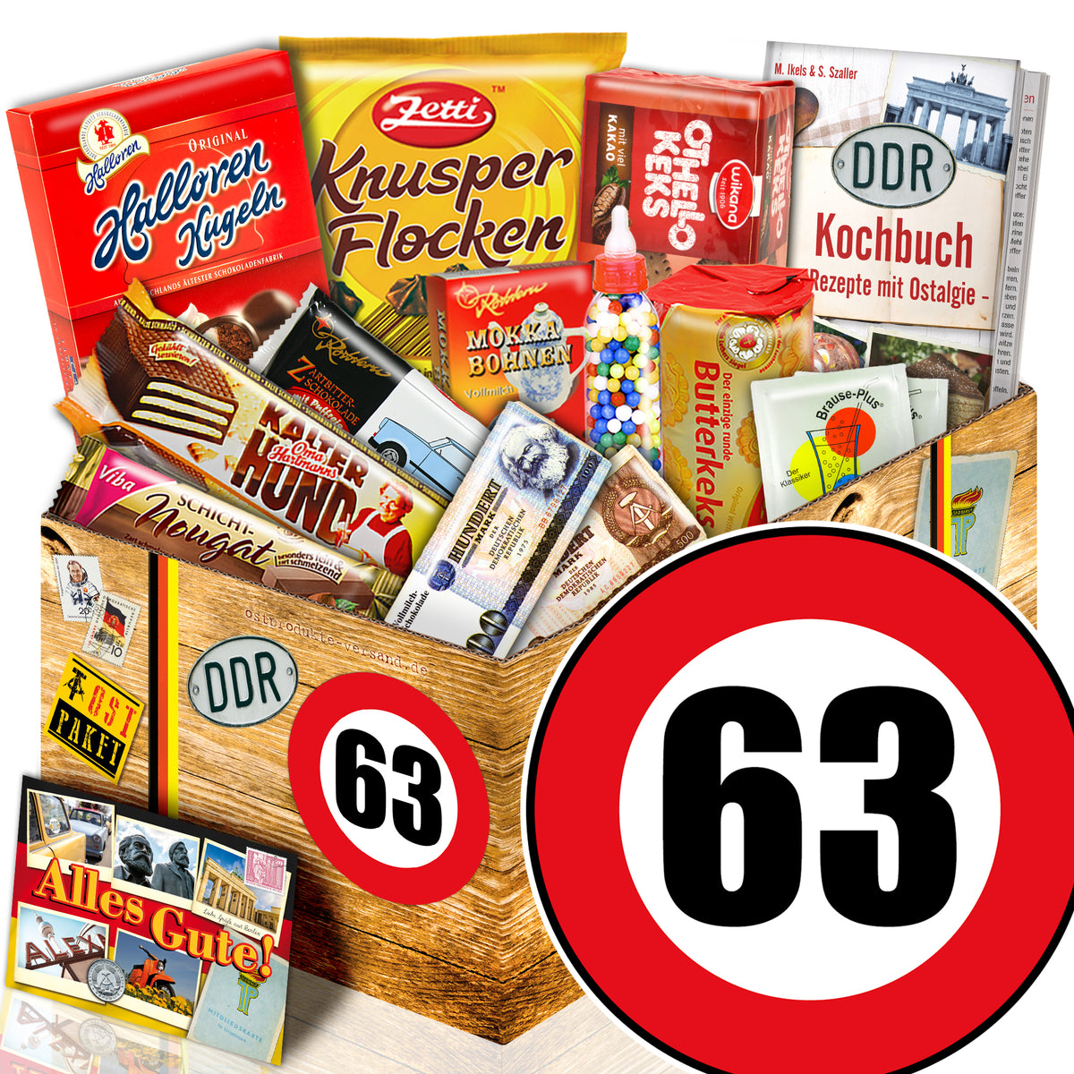 Zahl 63 - Süßigkeiten Set DDR L - monatsgeschenke.de